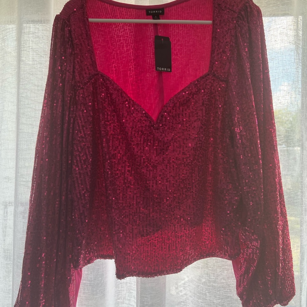 Torrid Red Asymmetrical Ruffled Sequin Blouse